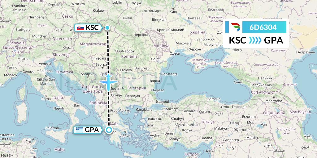 6D6304 Travel Service Slovakia Flight Map: Kosice to Patras
