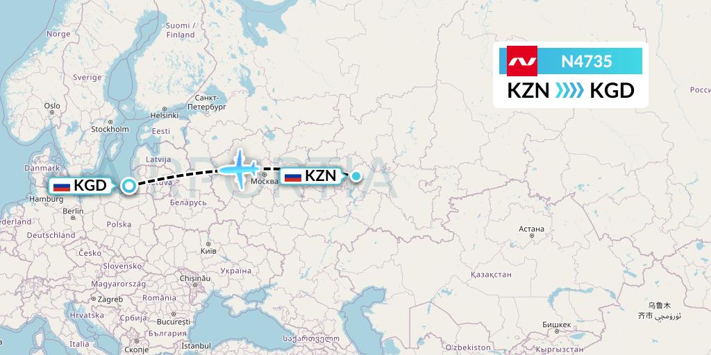 N4735 Nordwind Airlines Flight Map: Kazan to Kaliningrad