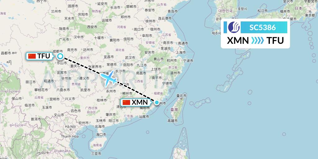 SC5386 Shandong Airlines Flight Map: Xiamen to Chengdu