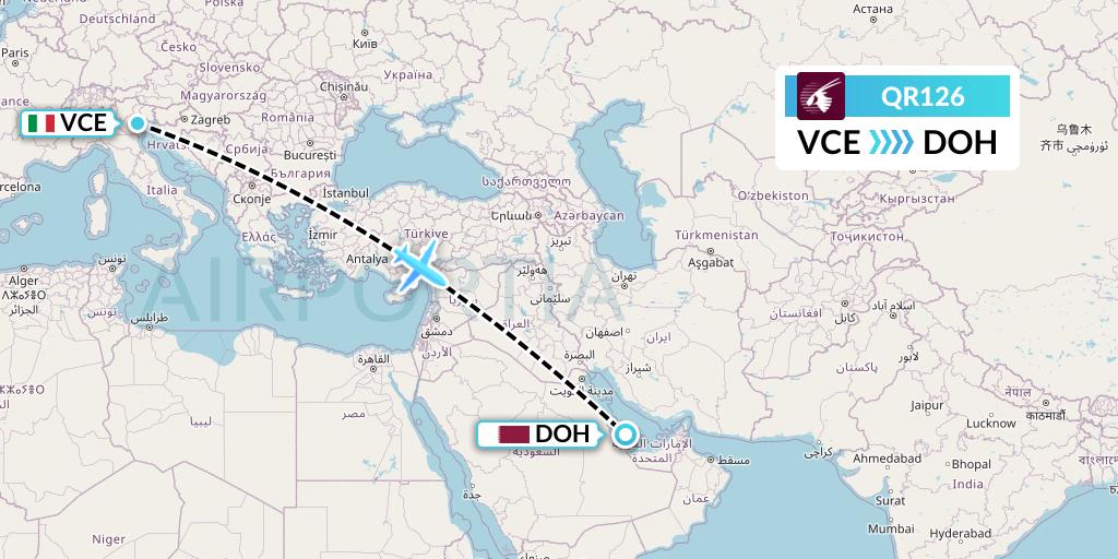 QR126 Qatar Airways Flight Map: Venice to Doha