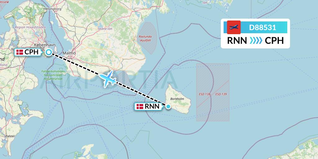 D88531 Norwegian Air International Flight Map: Ronne to Copenhagen