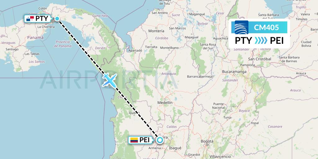 CM405 Copa Airlines Flight Map: Panama City to Pereira