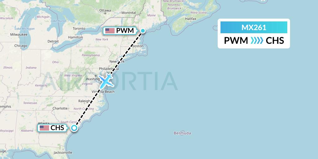MX261 Breeze Airways Flight Map: Portland to Charleston