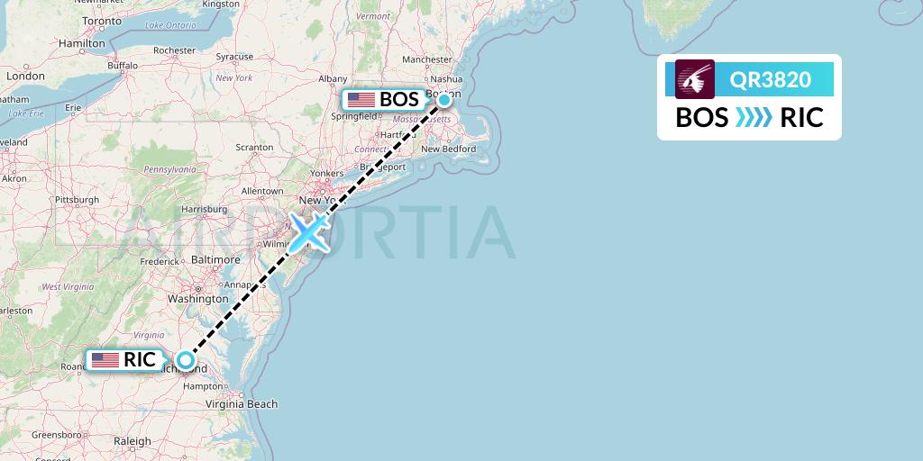 QR3820 Qatar Airways Flight Map: Boston to Richmond