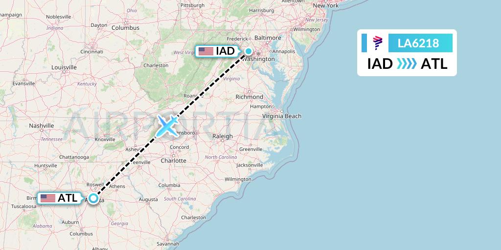 LA6218 LAN Airlines Flight Map: Washington to Atlanta