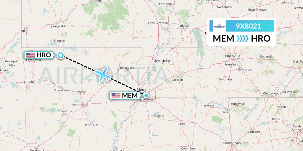 9X8021 Southern Airways Express Flight Map: Memphis to Harrison