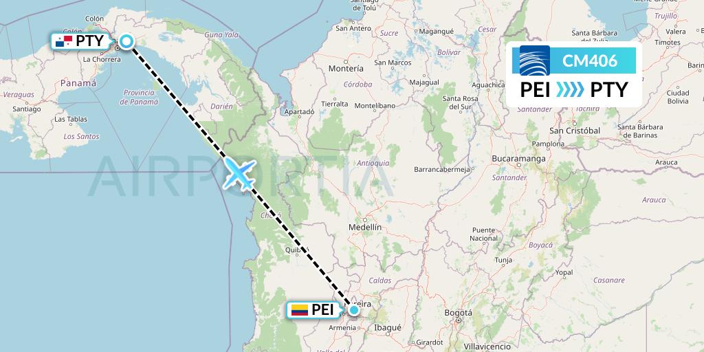 CM406 Copa Airlines Flight Map: Pereira to Panama City