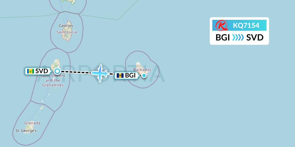 KQ7154 Kenya Airways Flight Map: Bridgetown to Kingstown