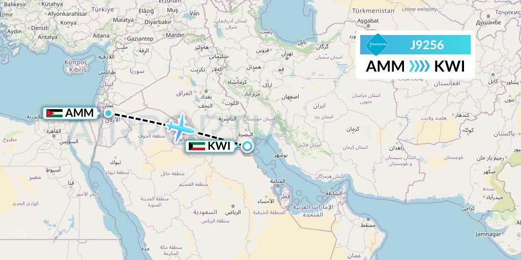 J9256 Jazeera Airways Flight Map: Amman to Kuwait City