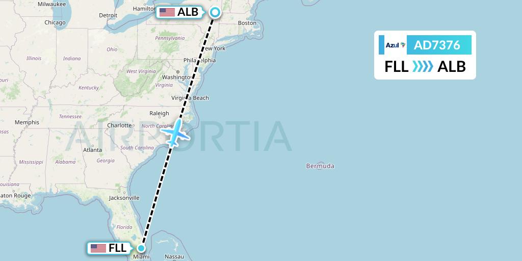 AD7376 Azul Brazilian Airlines Flight Map: Fort Lauderdale to Albany