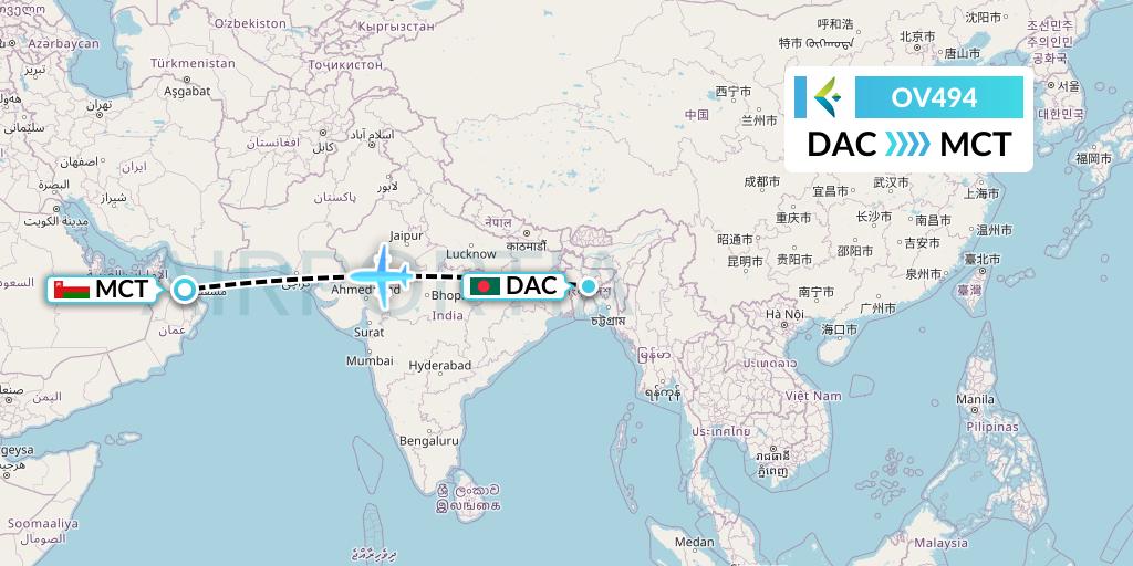 OV494 SalamAir Flight Map: Dhaka to Muscat