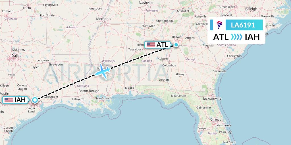 LA6191 LAN Airlines Flight Map: Atlanta to Houston