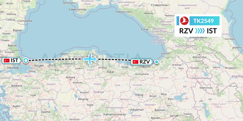 TK2549 Turkish Airlines Flight Map: Trabzon to Istanbul