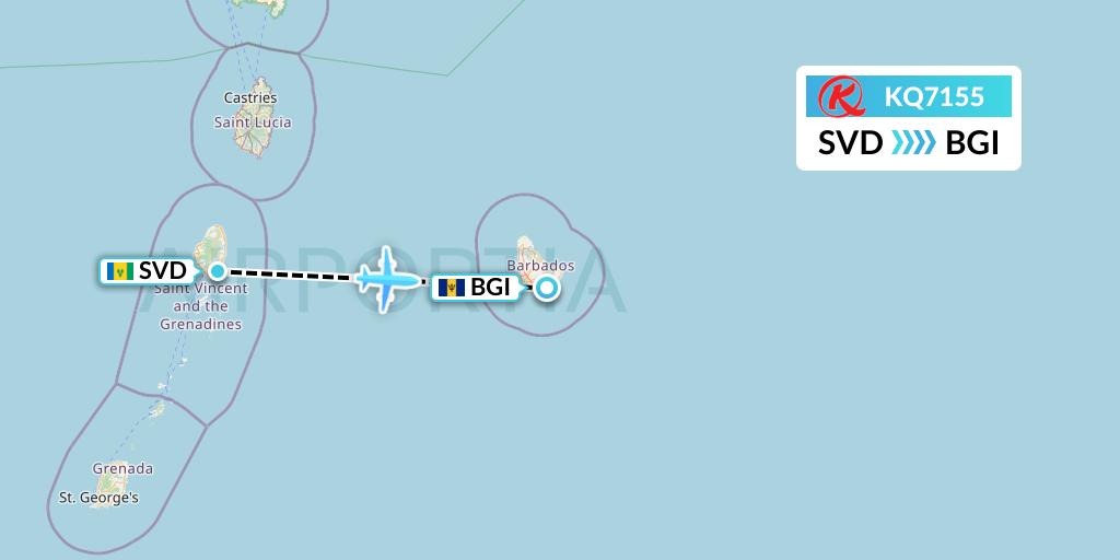 KQ7155 Kenya Airways Flight Map: Kingstown to Bridgetown