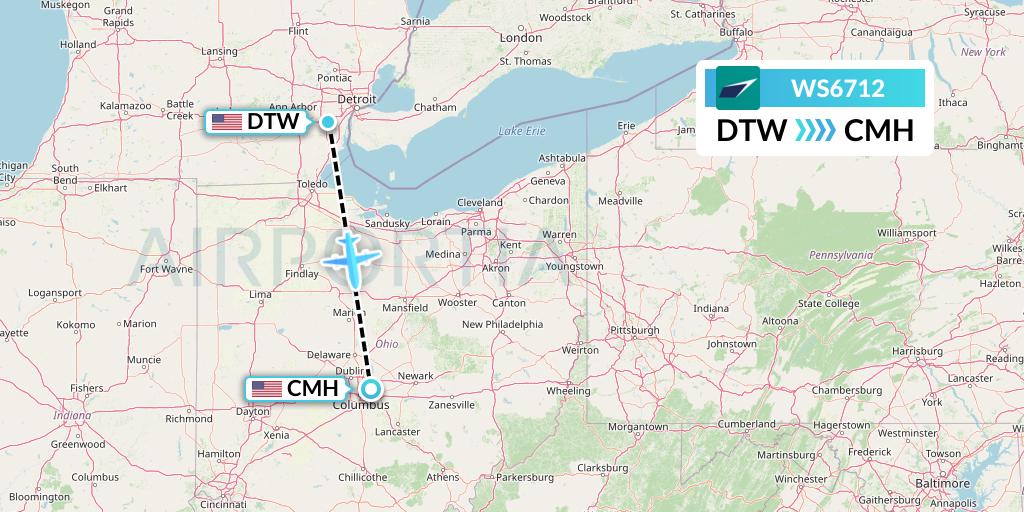 WS6712 WestJet Flight Map: Detroit to Columbus