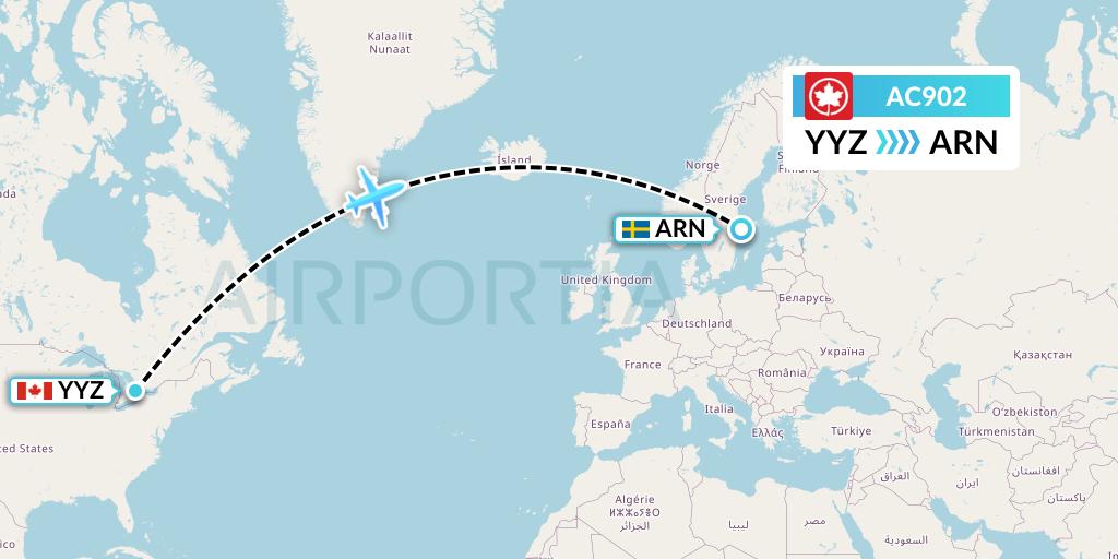 AC902 Air Canada Flight Map: Toronto to Stockholm