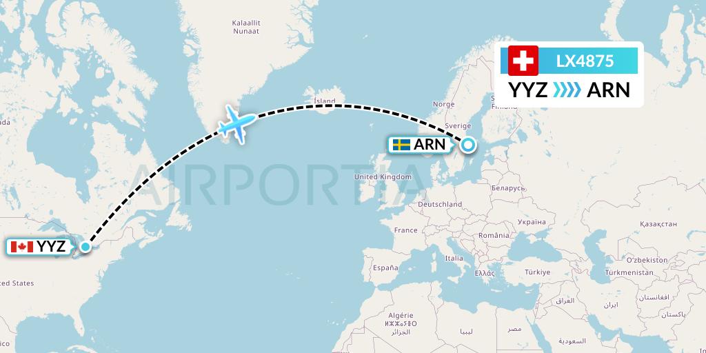 LX4875 Swiss Flight Map: Toronto to Stockholm