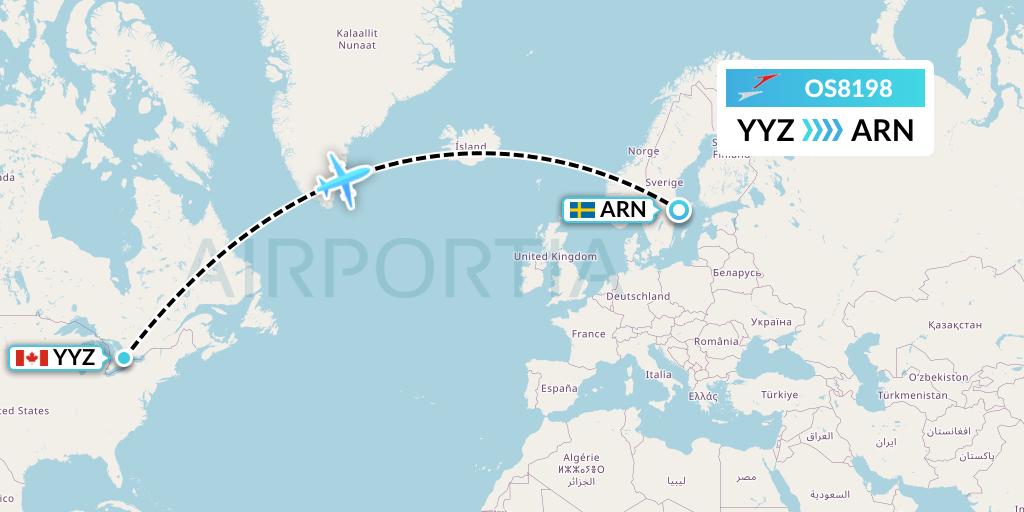 OS8198 Austrian Airlines Flight Map: Toronto to Stockholm
