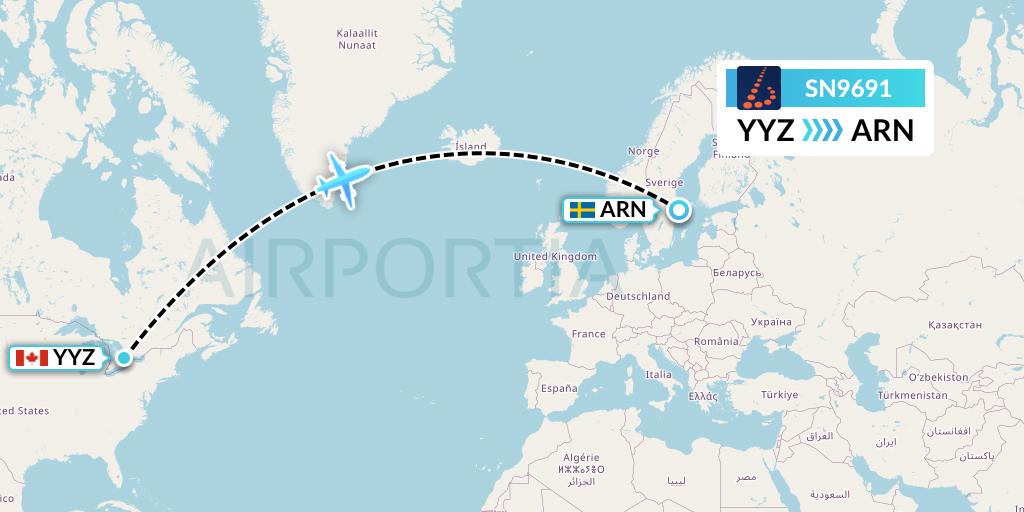 SN9691 Brussels Airlines Flight Map: Toronto to Stockholm