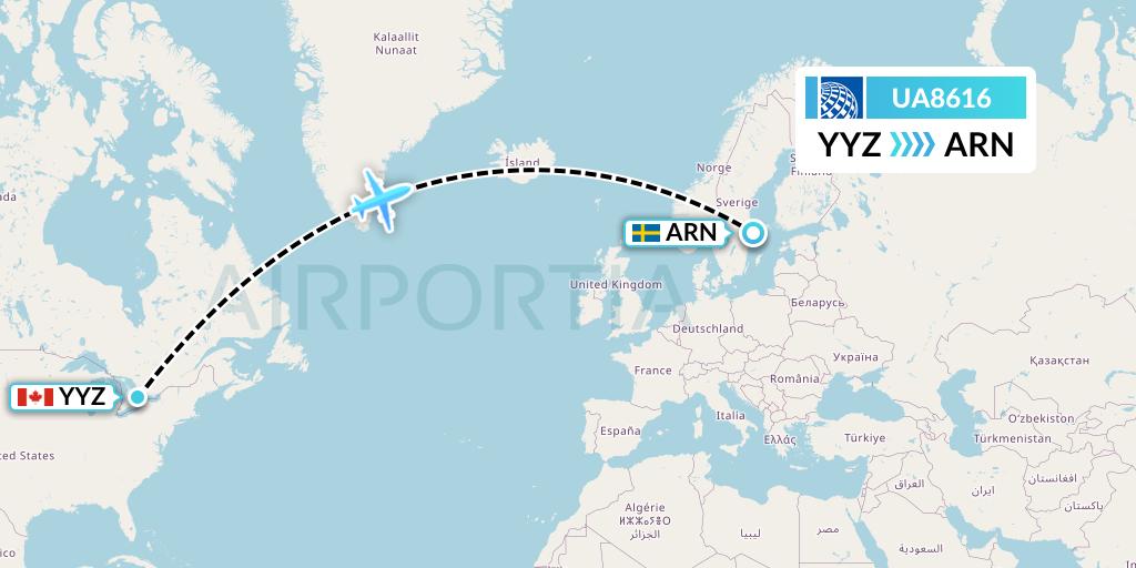 UA8616 United Airlines Flight Map: Toronto to Stockholm