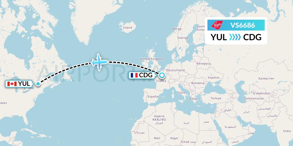 VS6686 Virgin Atlantic Airways Flight Map: Montreal to Paris