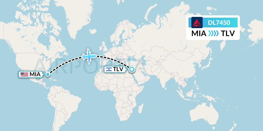 DL7450 Delta Air Lines Flight Map: Miami to Tel Aviv