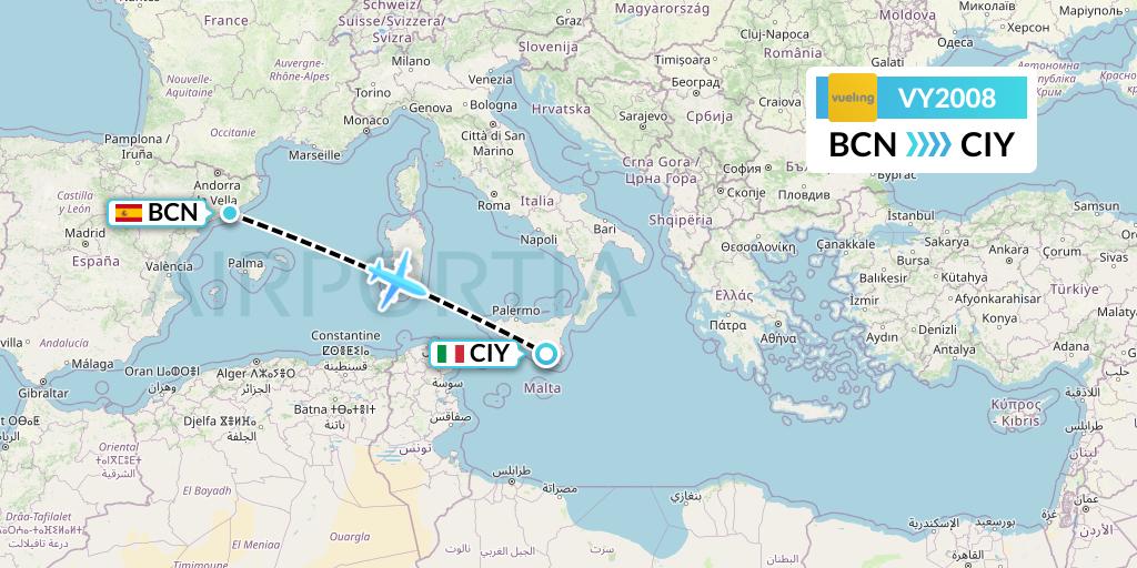 VY2008 Vueling Flight Map: Barcelona to Comiso