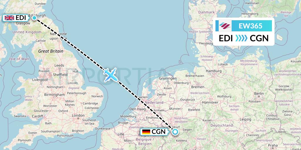 EW365 Eurowings Flight Map: Edinburgh to Cologne