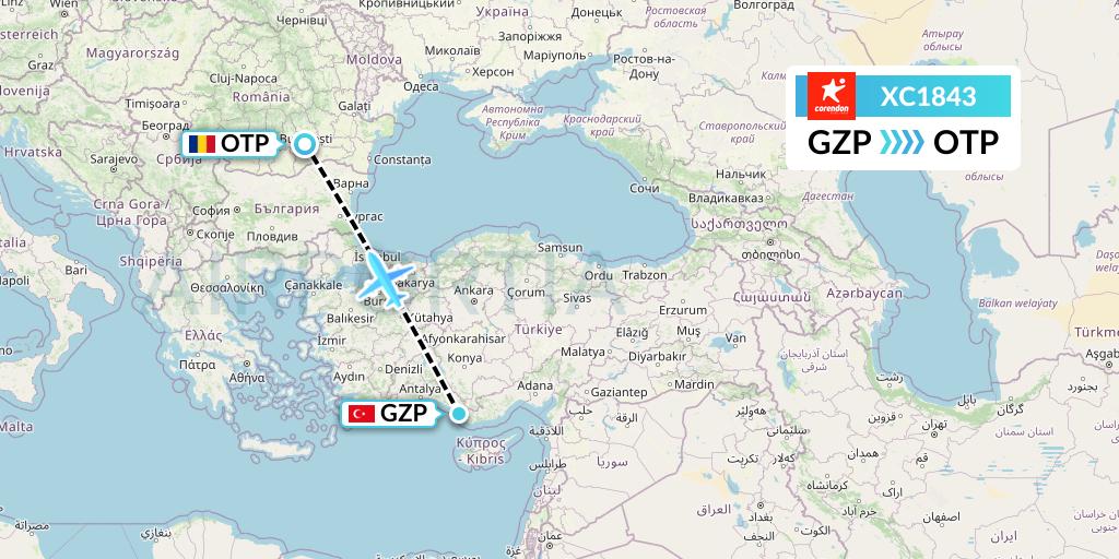 XC1843 Corendon Airlines Flight Map: Gazipasa to Bucharest