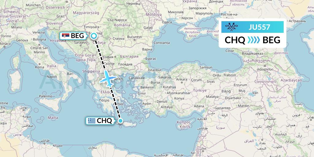 JU557 AirSERBIA Flight Map: Chania to Belgrade