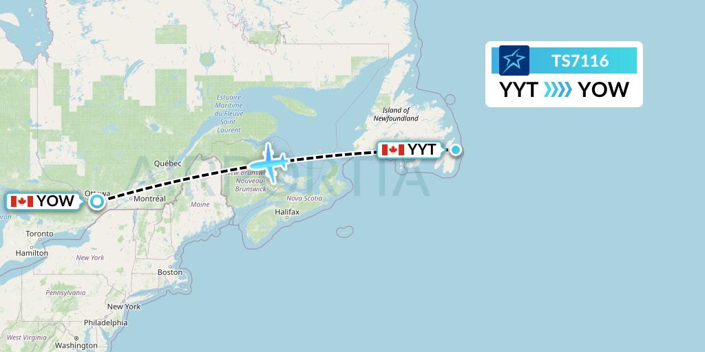 TS7116 Air Transat Flight Map: St. John's to Ottawa