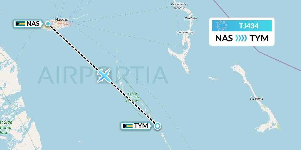 TJ434 Tradewind Aviation Flight Map: Nassau to Bahamas