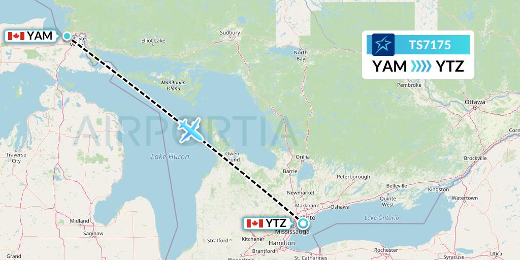 TS7175 Air Transat Flight Map: Sault Ste. Marie to Toronto