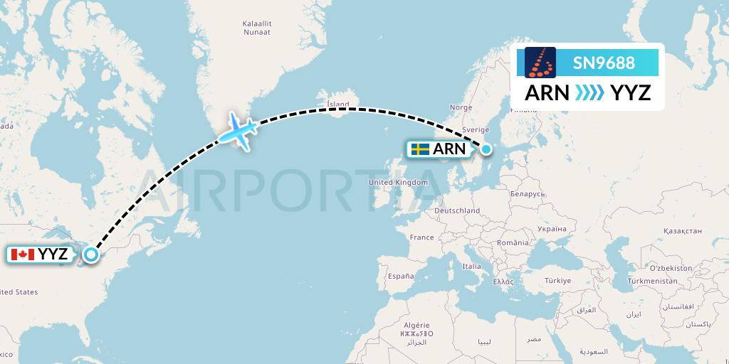 SN9688 Brussels Airlines Flight Map: Stockholm to Toronto