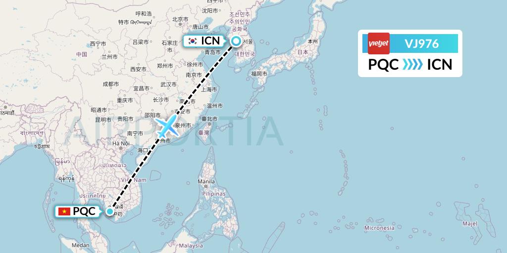 VJ976 VietJet Air Flight Map: Phu Quoc to Seoul