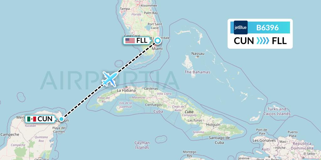 B6396 JetBlue Airways Flight Map: Cancun to Fort Lauderdale