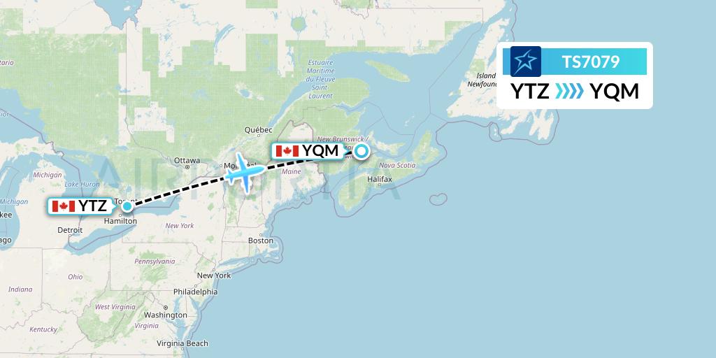 TS7079 Air Transat Flight Map: Toronto to Moncton