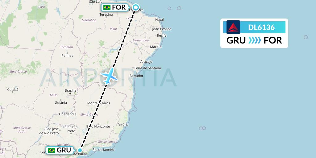 DL6136 Delta Air Lines Flight Map: Sao Paulo to Fortaleza