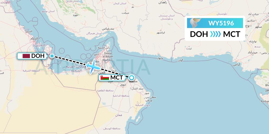 WY5196 Oman Air Flight Map: Doha to Muscat