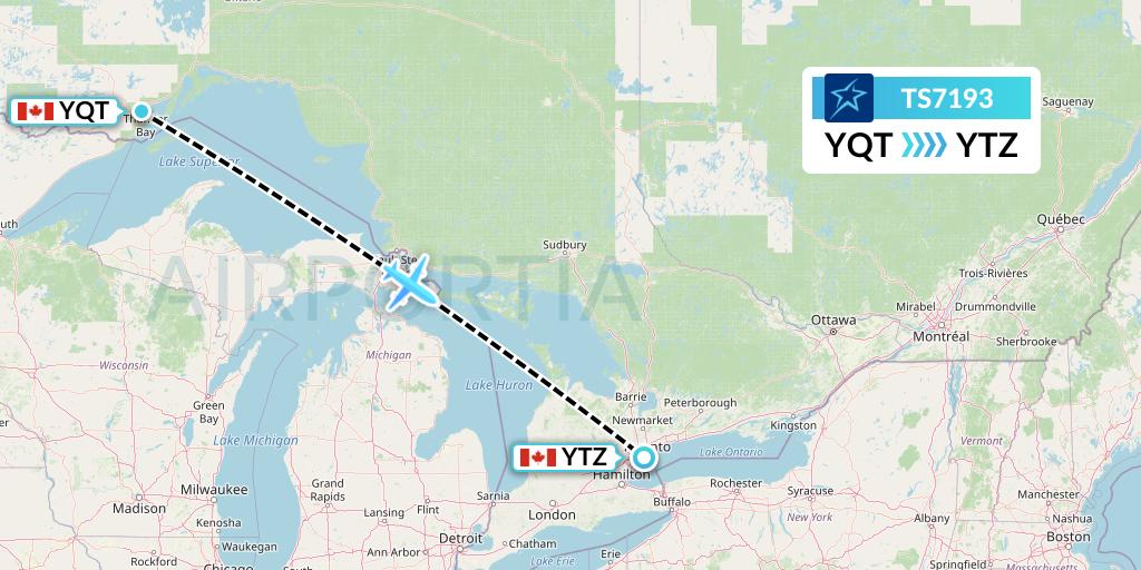 TS7193 Air Transat Flight Map: Thunder Bay to Toronto