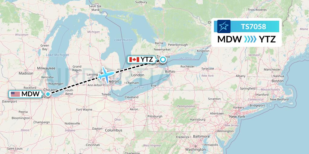 TS7058 Air Transat Flight Map: Chicago to Toronto