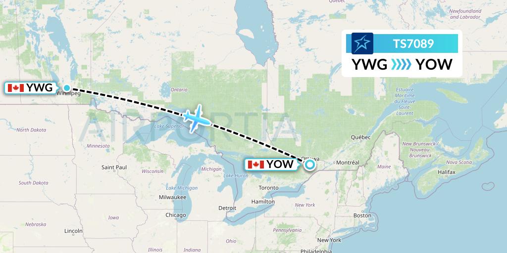 TS7089 Air Transat Flight Map: Winnipeg to Ottawa