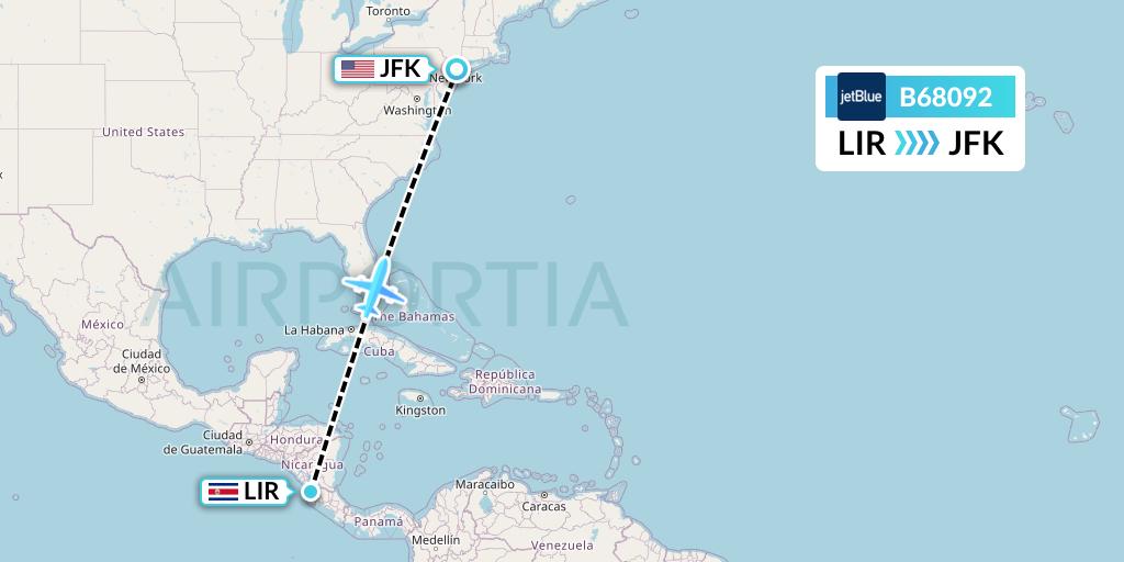 B68092 JetBlue Airways Flight Map: Liberia to New York