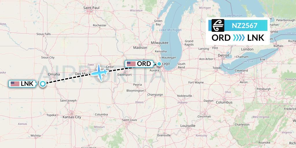NZ2567 Air New Zealand Flight Map: Chicago to Lincoln