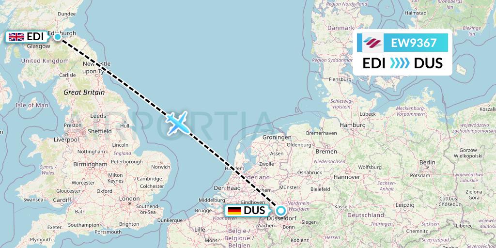 EW9367 Eurowings Flight Map: Edinburgh to Dusseldorf