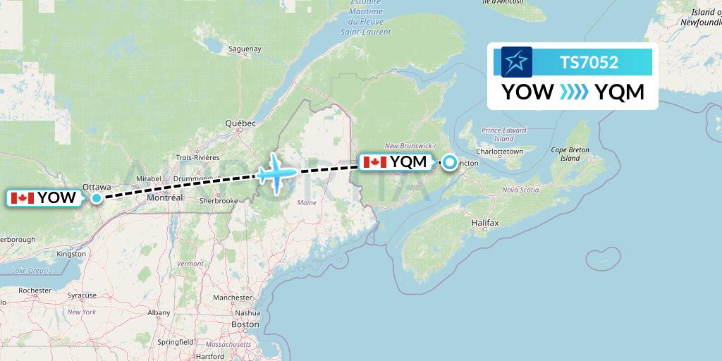 TS7052 Air Transat Flight Map: Ottawa to Moncton