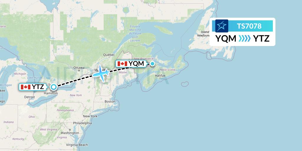 TS7078 Air Transat Flight Map: Moncton to Toronto