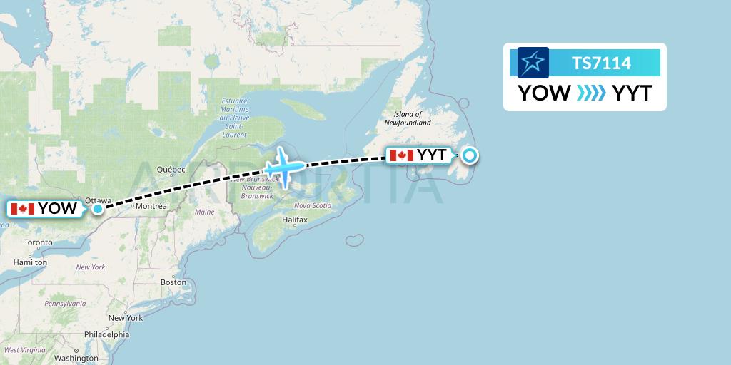 TS7114 Air Transat Flight Map: Ottawa to St. John's