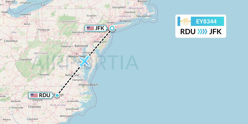 EY8344 Etihad Airways Flight Map: Raleigh-Durham to New York