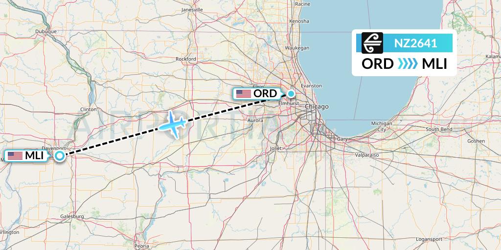 NZ2641 Air New Zealand Flight Map: Chicago to Moline